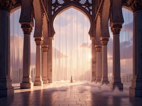 Ethereal gateway, iridescent arches, shimmering curtains, luminous mist, soft warm lighting, delicate filigree, intricate latticework, diaphanous fabrics, crystal-like structures, prismatic refraction