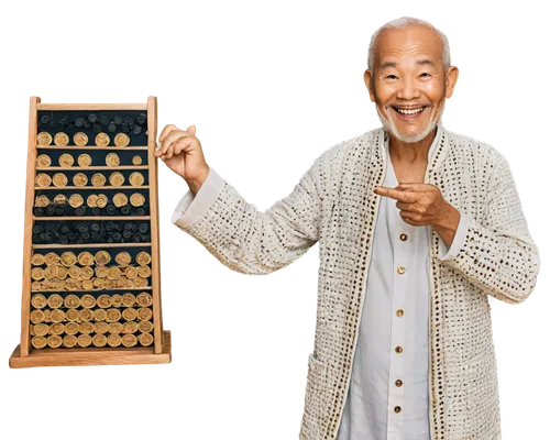 Golden coins, piling up, metal clinking sound, Asian-style old man, white beard, traditional Chinese clothing, holding abacus, counting money, happy expression, warm lighting, shallow depth of field, 