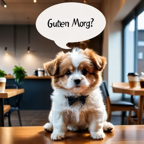 CUTE fluffy PUPPY is sitting before a coffee cupwith a big speech bubble with the sign " GUTEN MORGEN "
,kooikerhondje,legerhond,norwegian buhund,german spaniel,halden hound,tibetan spaniel,biewer ter