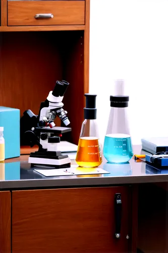 Laboratory equipment, beaker, test tube, microscope, petri dish, scientific instruments, metal table, wooden cabinet, white background, shallow depth of field, soft lighting, cinematic composition, 3/