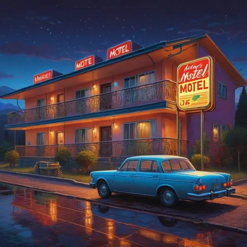 motel,holiday motel,motels,wild west hotel,hotels,hotel,hotel man,retro diner,microtel,hostal,luxury hotel,hotel riviera,drive in restaurant,lodging,hotelier,riverdale,hostelling,humphreville,honeymoon,night scene,Illustration,Realistic Fantasy,Realistic Fantasy 27