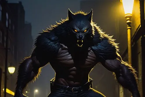 Dark fantasy, black werewolf, full moon, howling, sharp claws, glowing yellow eyes, furry body, muscular physique, ripped jeans, leather jacket, urban cityscape, alleyway, dim streetlights, misty atmo