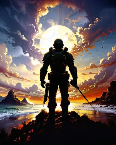 a man stands with his sword in front of an orange sun, in the middle of a landscape,turrican,mechwarrior,matoran,bioshock,lagann,bionicle,Illustration,Realistic Fantasy,Realistic Fantasy 25