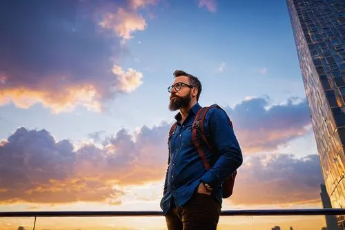 Famous architectural photographer, male, 40s, beard, glasses, casual wear, camera equipment, photography backpack, standing, looking up, admiration, iconic skyscraper, modern cityscape, sunset, golden