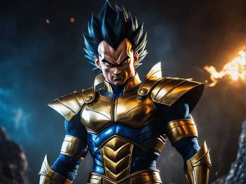 Vegeta, prince of Saiyans, smirk, confident expression, sharp jawline, piercing blue eyes, spiky black hair, golden armor, muscular chest, ripped abs, strong legs, standing pose, powerful aura, dramat