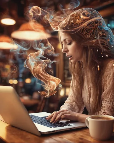 woman drinking coffee,girl at the computer,coffee background,girl studying,woman at cafe,publish a book online,computer addiction,photoshop manipulation,freelance,world digital painting,coffee and books,women in technology,writing about,freelancer,blogging,content writing,photoshop school,computer art,writer,fractal design,Illustration,Realistic Fantasy,Realistic Fantasy 37