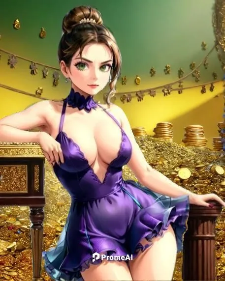 golden coins pile and lots of gems and treasures,a beautiful lady wearing lingerie posing in front of a gold decoration,diaochan,chunli,cheongsam,chun,daiyu,megara