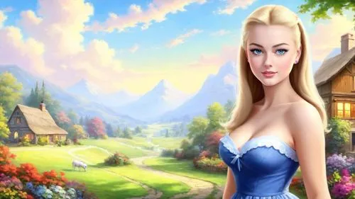 Romantic masterpiece oil painting, cute busty girl portrait, sexy short sundress, nostalgic 1950's style kitsch, breathtaking beautiful landscape, small rural farm, majestic exotic park summer stroll,