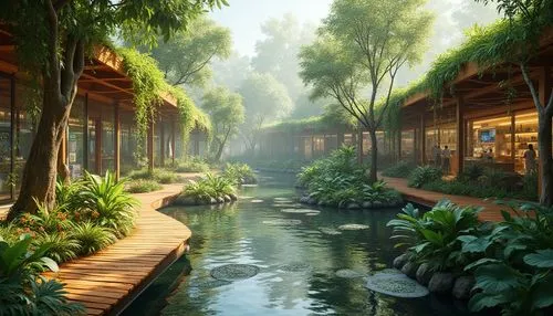 Eco-friendly shopping center, lush wetland environments, tropical plants, green roofs, natural ponds, wooden boardwalks, serene water features, misty atmosphere, morning dew, warm sunlight filtering t