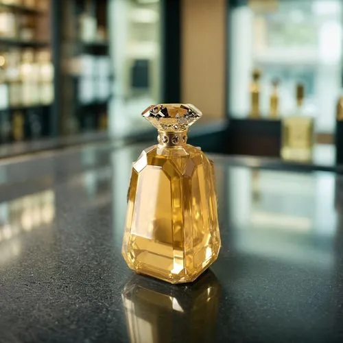 an yellow diamond on a counter top,perfume bottle,perfume bottle silhouette,perfume bottles,fragrance teapot,guerlain,parfum