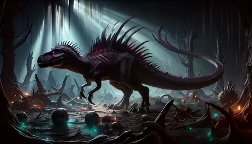 cynorhodon,landmannahellir,draconic,fantasy picture,northrend,dinosaruio,uintatherium,fantasy art,carnivorous,saurian,black dragon,primeval times,dark-type,painted dragon,dino,tyrannosaurus,wyrm,concept art,game illustration,dark art