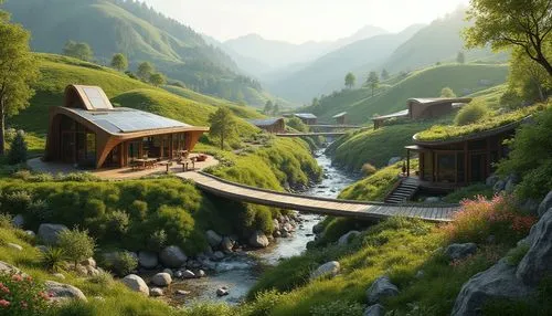 alpine village,mountain village,house in mountains,rivendell,house in the mountains,mountain huts,fantasy landscape,mountain settlement,alpine landscape,elves country,home landscape,world digital painting,alpine pastures,japan landscape,mountain valley,fairy village,green valley,the alps,suisse,switzerland,Photography,General,Realistic