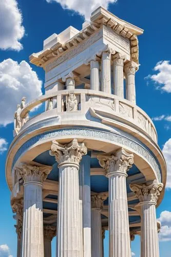 Ancient Greek ionic architecture, temple, columns, architraves, friezes, pediments, marble material, smooth texture, ornate carvings, sculptures, statues, Goddess Athena, Mediterranean landscape, blue