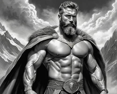 god of thunder,thor,odin,barbarian,norse,viking,greyskull,zeus,thorin,dane axe,heroic fantasy,poseidon,greek god,bordafjordur,aquaman,valhalla,male character,fantasy warrior,male elf,hercules winner,Illustration,Black and White,Black and White 30