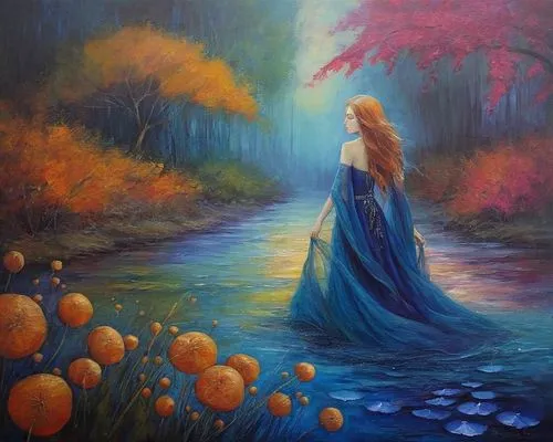 dubbeldam,oil painting on canvas,fantasy picture,oil painting,galadriel,blue moon rose,fantasia,cinderella,fantasy art,rusalka,art painting,persephone,girl on the river,the mystical path,beltane,blue painting,fairy forest,way of the roses,mystical portrait of a girl,girl in the garden,Illustration,Realistic Fantasy,Realistic Fantasy 30