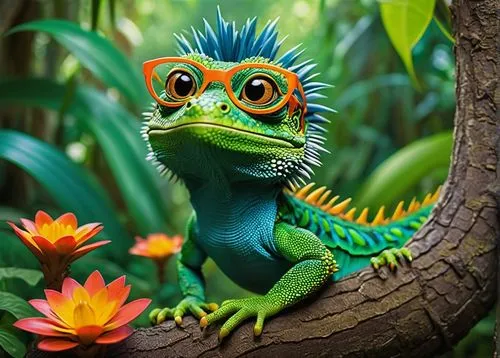 Geico lizard, wearing trendy round glasses, green scaly skin, spiky hair, relaxed posture, leaning against a tree trunk, in a vibrant jungle, surrounded by exotic plants, colorful flowers, and lush le