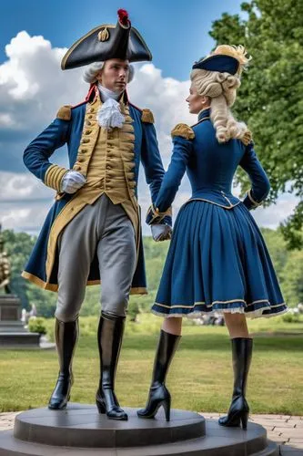 female with marie antoinette hair wearing a revolutionary war uniform in full length view with one of her feet stepping on the statue head of a man




,reenactment,miniature figures,dancing couple,un