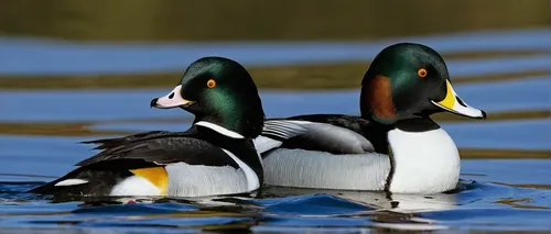 Stock Photo: 1990-12793 A male Common Goldeneye Bucephala clangula performing his courtship behaviour in Victoria, British Columbia, Canada,greater scaup,waterfowls,shelduck,goldeneye,mallards,lesser 