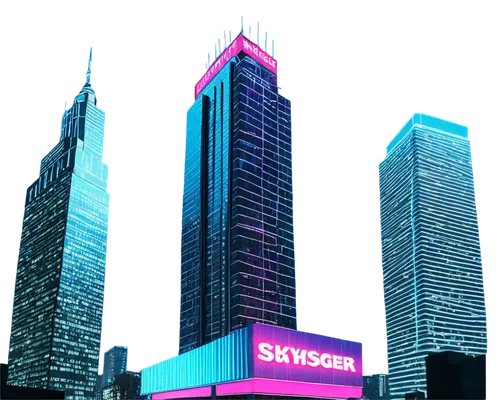 3D art, futuristic, neon lights, cyberpunk cityscape, skyscraper, holographic advertisement, sleek lines, metallic texture, reflective surface, low-angle shot, cinematic composition, vibrant colors, h