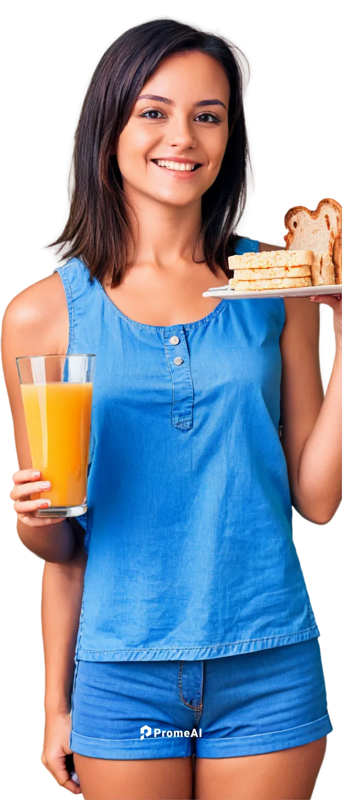 Western-style breakfast, solo female, 20s, casual hairstyle, no glasses, light makeup, white tank top, denim shorts, apron, holding plate, toast with butter and jam, scrambled eggs, bacon strips, oran