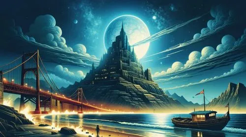 the painting shows a night scene with ships at sea and a bridge,fantasy picture,zathura,fantasy landscape,tirith,citadels,fantasy art,Illustration,Realistic Fantasy,Realistic Fantasy 25