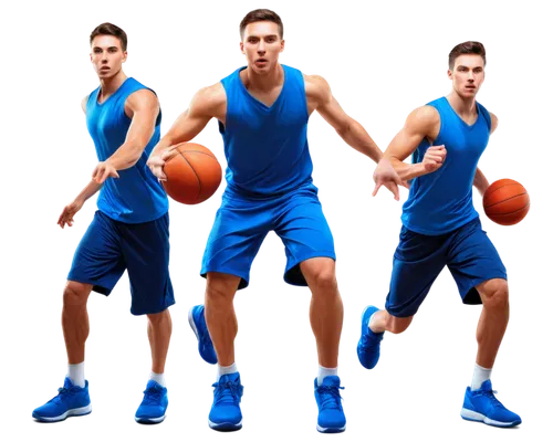 Indoor blue court, basketball players, athletic wear, sneakers, dynamic pose, jumping, shooting, dribbling, sweat, muscles, intense facial expression, dramatic lighting, shallow depth of field, 3/4 co