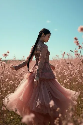 hanbok,little girl in wind,little girl in pink dress,hanfu,girl in flowers,blooming field