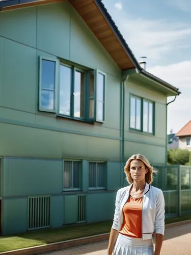 Miss Caroline Maurer in a tennis look in front of her German single-family home bungalow in the city center in a bright daylight atmosphere,an image of a woman standing outside the house,smart house,h