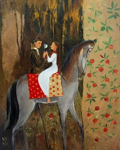 khokhloma painting,horseback,man and horses,young couple,girl picking flowers,way of the roses,girl picking apples,equestrian,balalaika,flower cart,two-horses,wall painting,klyuchevskaya sopka,il giglio,children's fairy tale,church painting,hunting scene,girl in the garden,flower delivery,horse-drawn,Common,Common,Cartoon