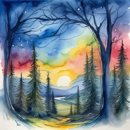 standing all by myself  at a misty sky ,watercolor background,watercolor tree,watercolor,forest background,moonbow,watercolor painting,watercolor pine tree,watercolor paint strokes,landscape backgroun