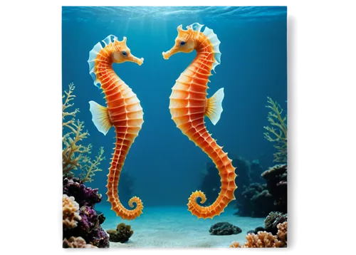 Seahorse, pair, swimming together, underwater scene, coral reef background, bright blue water, sunlight filtering down, gentle seaweed sway, soft focus, shallow depth of field, warm color tone, realis