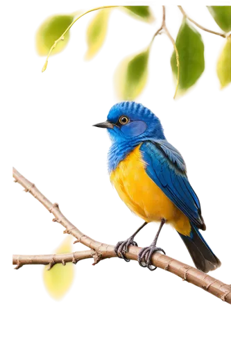 Small bird, perched on branch, vibrant blue feathers, bright yellow beak, curious eyes, soft fluffy chest, delicate legs, tiny claws, morning dew, warm sunlight filtering through leaves, 3/4 compositi