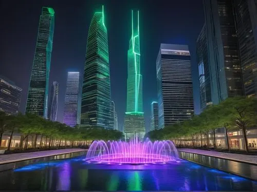 Futuristic cityscape, sleek skyscrapers, neon lights, bustling streets, pedestrian walkways, green roofs, modern sculptures, abstract fountains, urban plaza, night scene, dramatic lighting, misty atmo