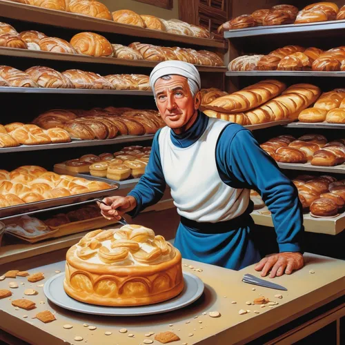 Write a funny cartoon scene with a clumsy character causing chaos at a bakery.,challah,kolach,girl with bread-and-butter,fresh bread,kanelbullar,schnecken,breads,bakery,pandesal,baking bread,knead,bak