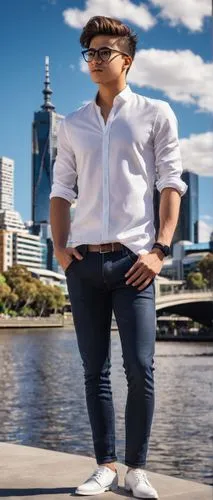 Male, young adult, 25yo, stylish hair, black glasses, white shirt, dark blue jeans, brown leather shoes, holding architectural model, standing, Melbourne cityscape, modern skyscrapers, Yarra River, So