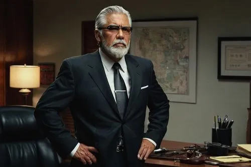 Angela Montenegro's father, mature man, 50s, dignified, serious facial expression, thinning gray hair, black framed glasses, trimmed beard, business suit, white dress shirt, silver tie clip, leather b