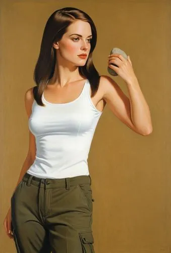 Gender = 'female, full biological'
Hairstyle = 'long straight hair in brown hair'

"She holding rock"

Top = 'white tank top'
Bottom = 'khaki cargo-combat pants'

hyperrealism & hyperdetailed ceramic 