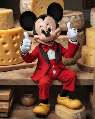  cgi image of a 1940's mickey mouse, smirk, giving the thumbs up, wearing a red and white suite with a bowtie, sitting in a massive large piece of cheese, a inside a cheese factory. style of Disney,bl