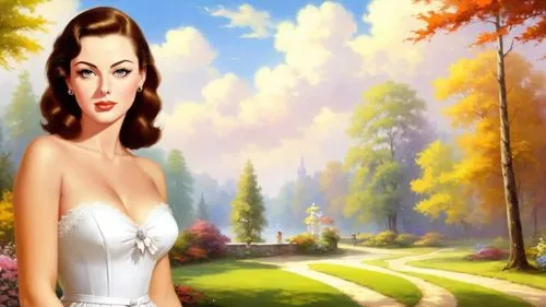 dark saturated colors, Romantic masterpiece oil painting, beautiful girl dainty girdle dress portrait, nostalgic 1950's style kitsch, walk in the park, summer stroll, cozy familiar scenery, by Thomas 