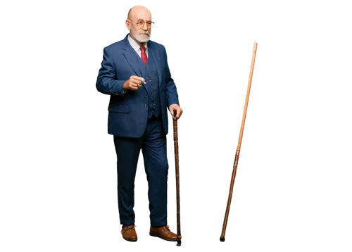 Old wise man, solo, (60yo), white beard, glasses, wrinkles, brown eyes, balding hair, suit, tie, holding cane, standing, confident posture, softbox lighting, shallow depth of field, warm color tone, c