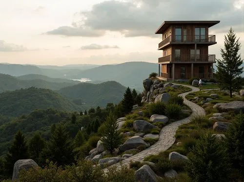 Scenic watchtower, harmonious landscape integration, rolling hills, lush green forests, winding stone pathways, natural rock formations, elevated viewing platforms, panoramic vistas, binoculars, teles