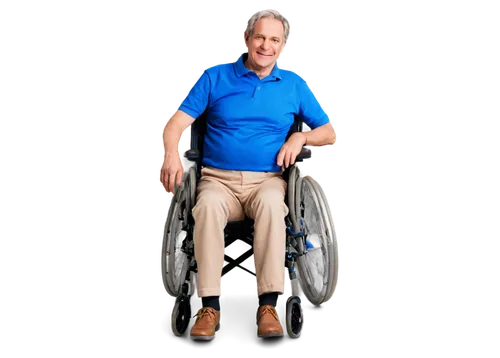 Wheelchair-bound, senior, male, 60yo, wrinkled skin, gray hair, warm smile, gentle eyes, casual wear, blue shirt, beige pants, brown shoes, hands grasping wheelchair armrests, slightly tilted head, so