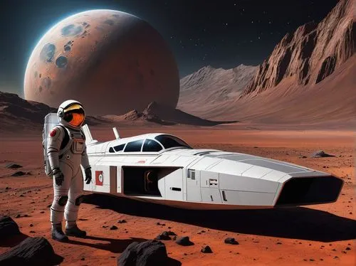 Futuristic, moon-to-Mars spacecraft, sleek silver bullet-shaped hull, intricate mechanical details, gleaming metallic surfaces, neon-lit cockpit windows, pilot in a white spacesuit, helmet with gold v