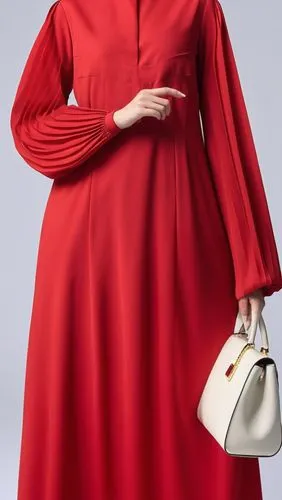 3d fashion drawing of women red  long maxi red abaya fashion Muslim hijab with the pelisee and a lot of pleats on   sleeves pleated sleeves and elastic on the hand of the sleeves abaya with elastic sl