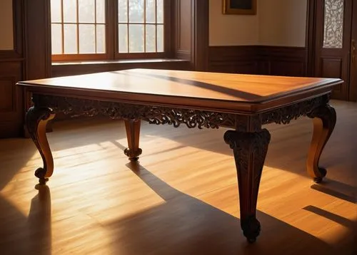 drawing table, wooden structure, intricate carvings, ornate legs, rectangular shape, smooth surface, polished finish, luxurious atmosphere, grand library, study room, warm lighting, afternoon sunbeam,