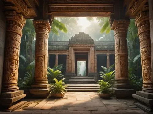 ASI architecture, ancient temple, intricate carvings, ornate details, symmetrical structure, grand entrance, majestic pillars, vibrant frescoes, stone statues, lush greenery, tropical plants, misty at