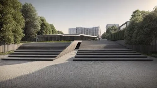 scalinata di cemento con un tunnel in mezzo e alberi ai lati,urban park,urban design,3d rendering,walkway,bicycle path,concrete bridge,holocaust memorial,moveable bridge,concrete,amphitheater,entry pa