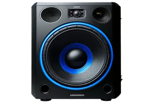 Dynamic loudspeaker, sleek black body, metallic grille, flashing blue LED lights, powerful amplifier, massive subwoofer, intense bass vibration, explosive sound waves, dramatic smoke effect, low-angle