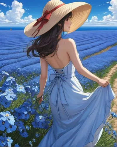 straw hat,blooming field,field of flowers,sea of flowers,flower field,blue rose,straw hats,flowers field,high sun hat,sun hat,daffodil field,sea breeze,girl picking flowers,panama hat,springtime background,girl in flowers,picking flowers,yamada's rice fields,blue petals,countrygirl,Conceptual Art,Fantasy,Fantasy 14