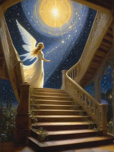 angel playing the harp,the annunciation,annunciation,angel wing,stairs to heaven,dawnstar,Illustration,Realistic Fantasy,Realistic Fantasy 03